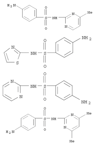 Molecular Structure of 121036-75-7 (Benzenesulfonamide, 4-amino-N-(4,6-dimethyl-2-pyrimidinyl)-, mixt. with 4-amino-N-(4-methyl-2-pyrimidinyl)benzenesulfonamide, 4-amino-N-2-pyrimidinylbenzenesulfonamide and 4-amino-N-2-thiazolylbenzenesulfonamide (9CI))